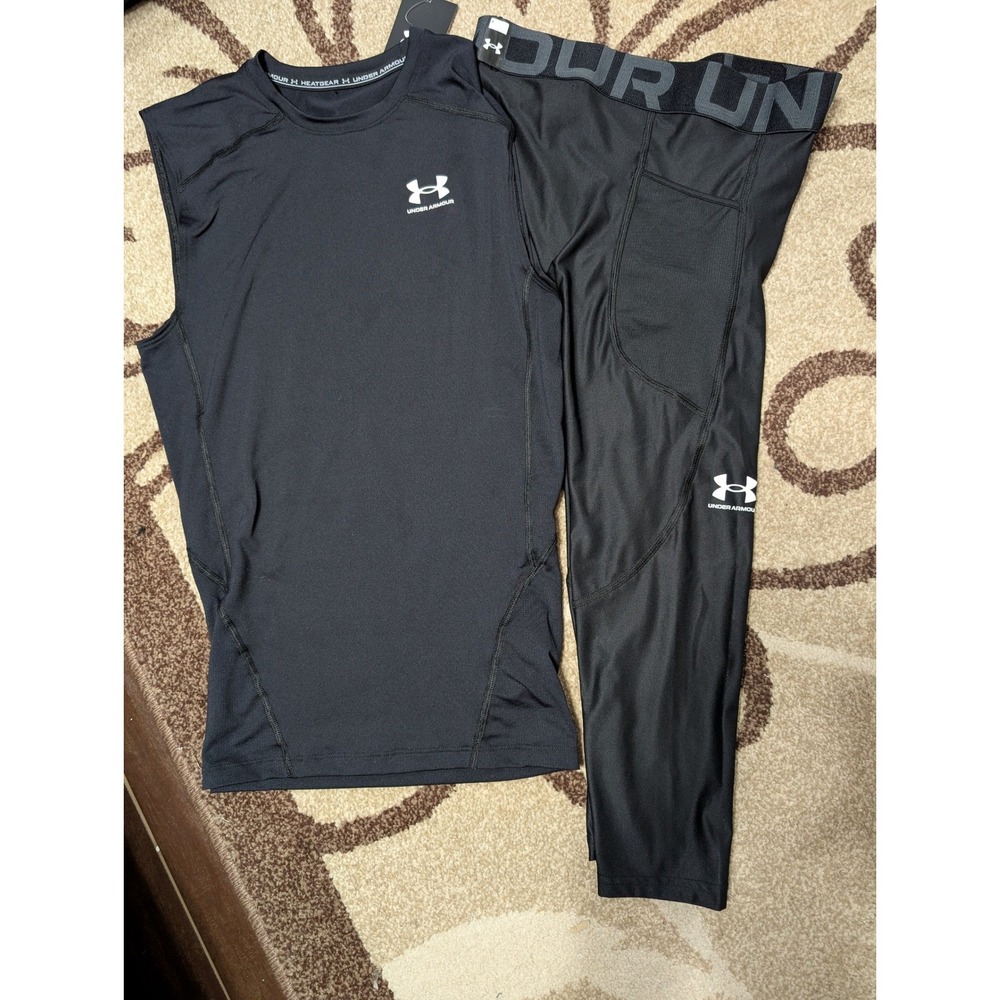 Under Armour Mens S HeatGear Compression Set Sleeveless Shirt and Leggings Black